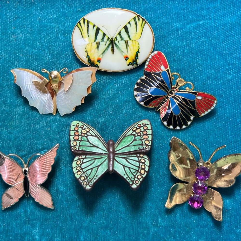 Lot of 6 Vintage Butterfly Pins Enamel Gold Hallmark Mother Pearl